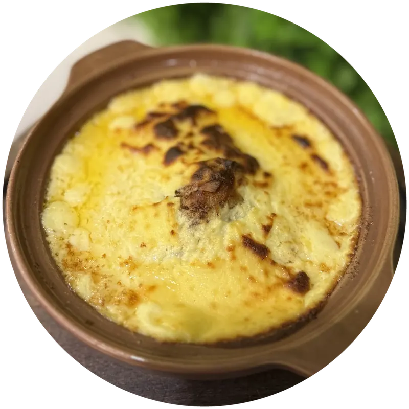 Tavë kosi in a brown clay pot, the top golden and browned in patches