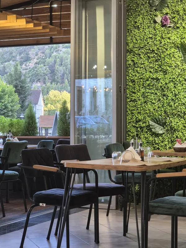 Window table at Rustemi beside a green plant wall, with the hillside of Berat outside
